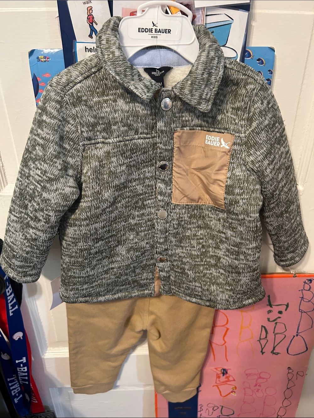 Eddie Bauer Gray Knit Sherpa-Lined Jacket with Tan Pocket